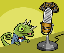 Chameleon speaking into a microphone