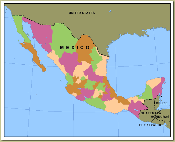 Map of Mexico with all 31 states indicated in different colors
