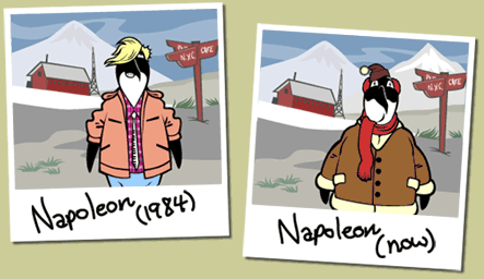 Two snapshots of Napoleon: One from 1984, and one from the present.